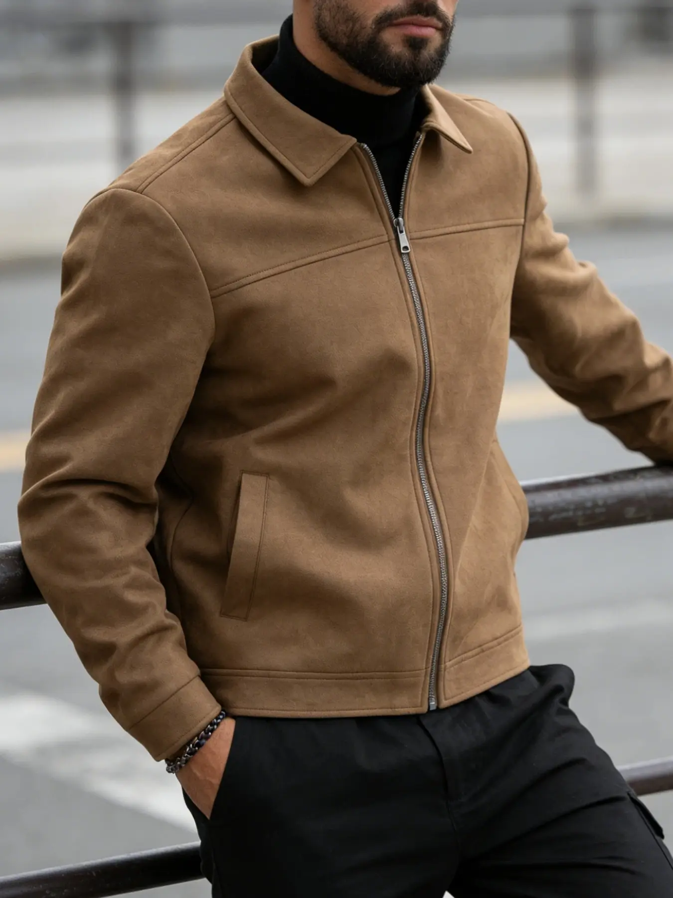 Men's casual comfy jacket, Casual fitted jackets, made of easy-to-maintain suede-like fabric, with zipper closure design and light business style lapel jacket, suitable for daily life, work travel - Spring and Autumn Workwear Jackets