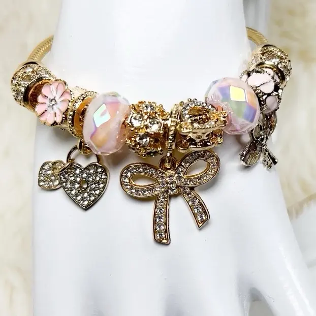 Elegant Pink Charm Bracelet with Rhinestone Bow & Heart Lock Charms Adjustable Fit Lightweight Comfortable for Daily Wear Chic Layered Look Perfect for Every Occasion Gift Ideas TikTokShopFinds