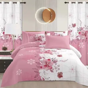 King Size 8-Piece Cotton Bedding Set with, Pillowcases, Curtains, and Wall Art  (No Comforter) Modern Coordinated Bedroom Décor Set