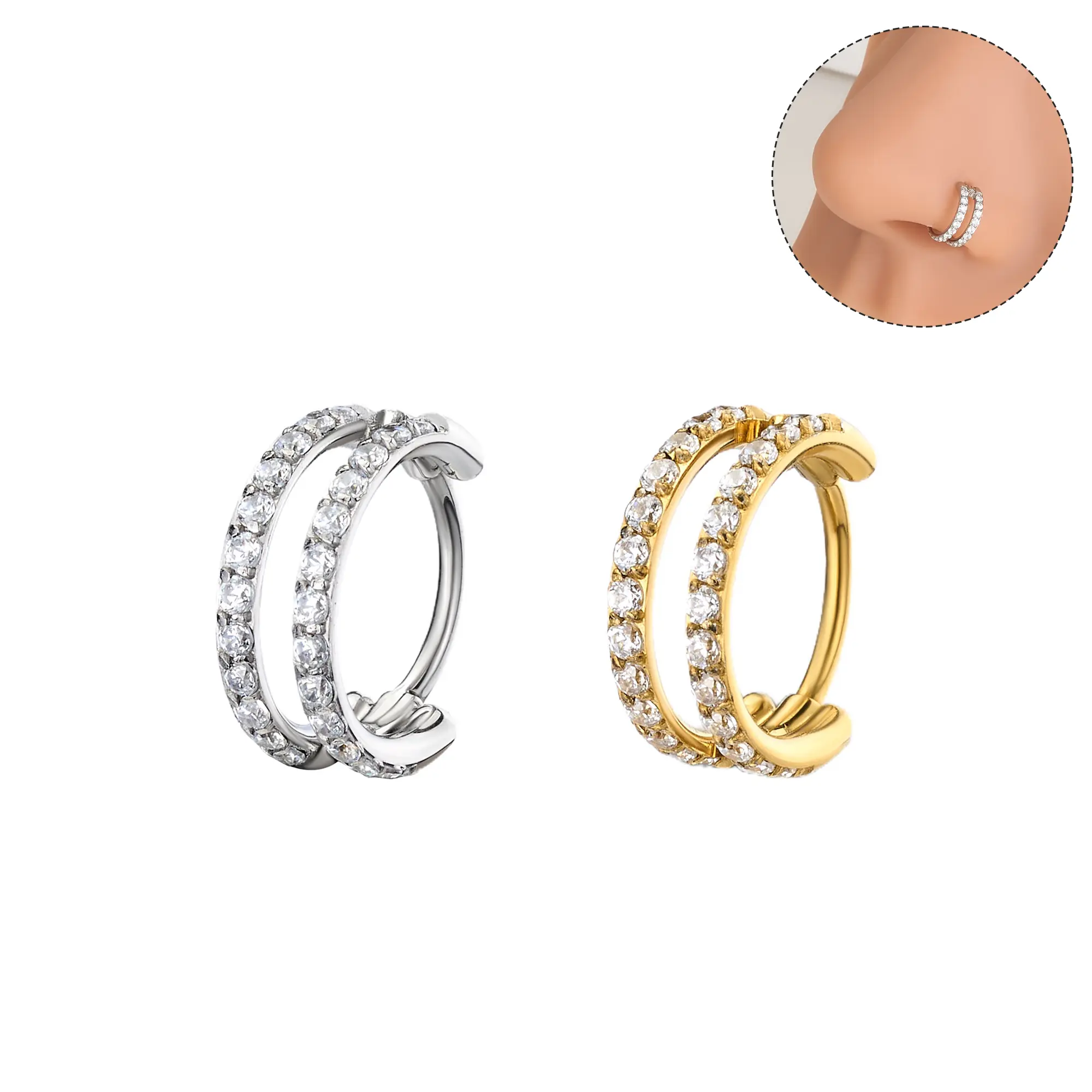 Oufer 20G Hinged Segment Aligned CZ Double Hoop Nose Ring 316L Stainless Steel Nose Rings for Women