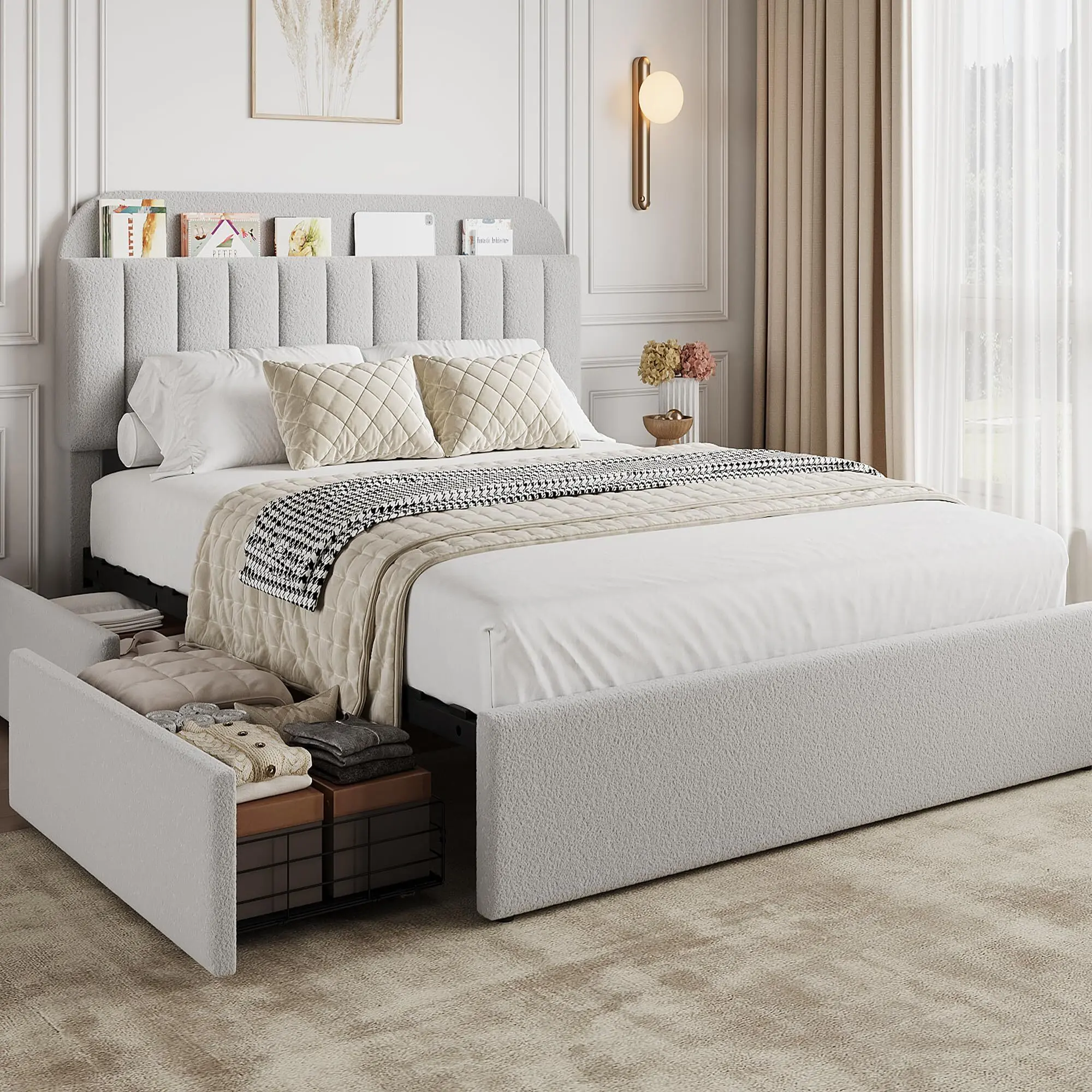 Full Gray Bed Frame with Storage Headboard Kids Bed Frame with 2 Drawers Boucle Upholstered Platform Bed with Bookcase No Box Spring Needed Easy Assembly
