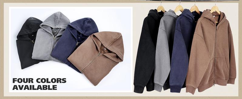 Gihuo Mens Oversized Zip Up Hoodies Jackets Fleece Vintage Acid Wash Cotton Heavyweight Distressed Sweatshirt