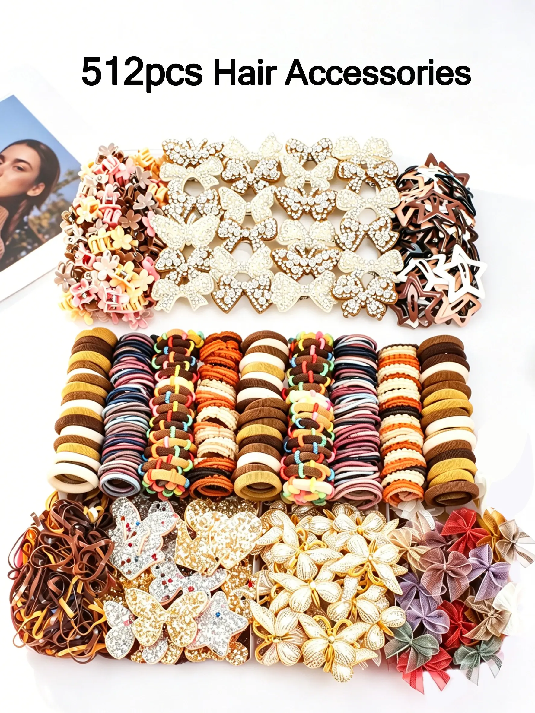 512pcs/set Khaki Princess Hair Accessory Set. Hundreds of Unique Styles: Flower & Butterfly Clips, Star Clips, Glitter Butterflies, Hair Ties & Elastic Bands. Perfect for Girls' Everyday Styling. Great Gift for Daughters. Creative Hairstyles.