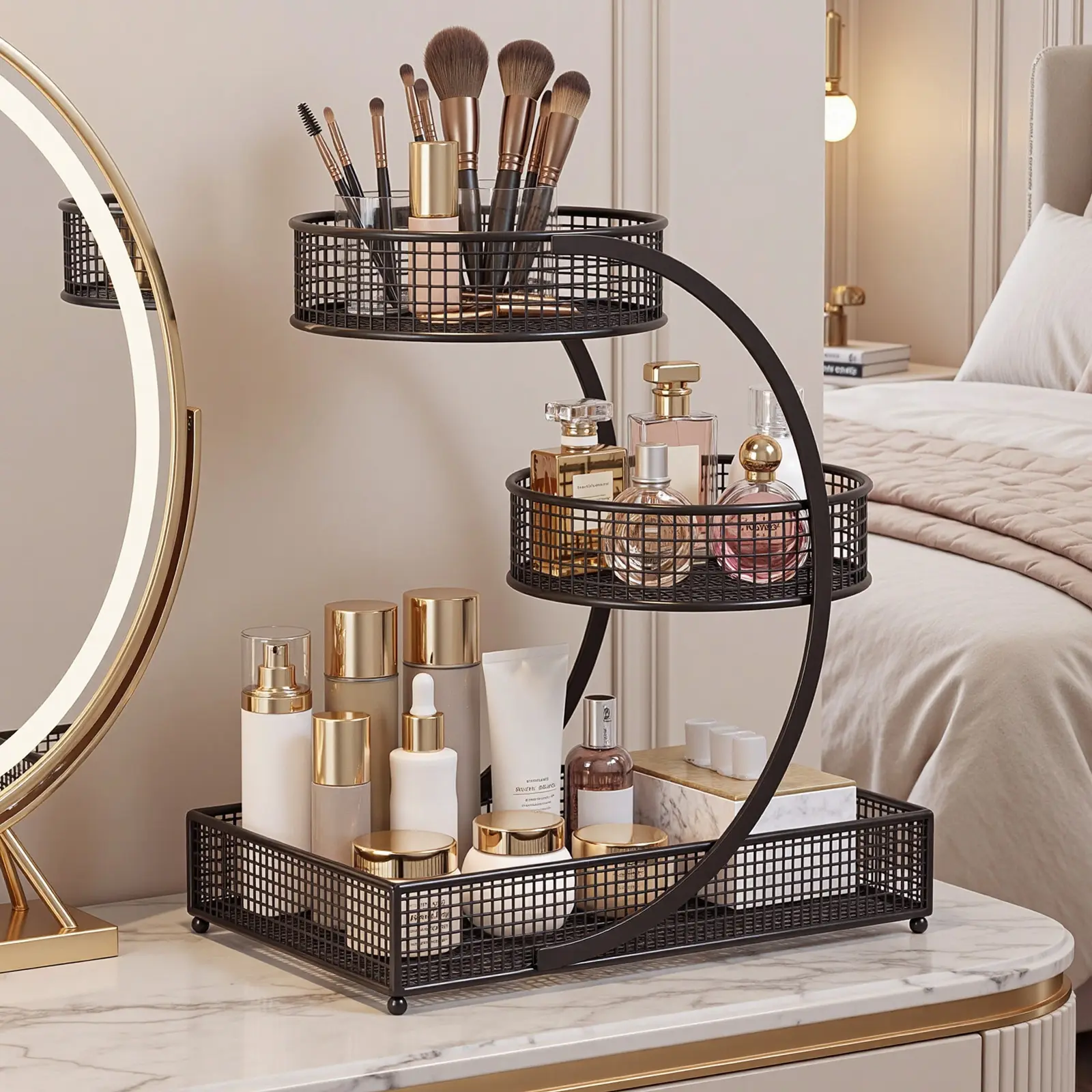 LOVEWE 3-Tier Durable Freestanding Metal Cosmetics Organizer - Desktop Makeup Storage Boxes for Vanity Countertop, Room Storage Use in Kitchen & Home Office