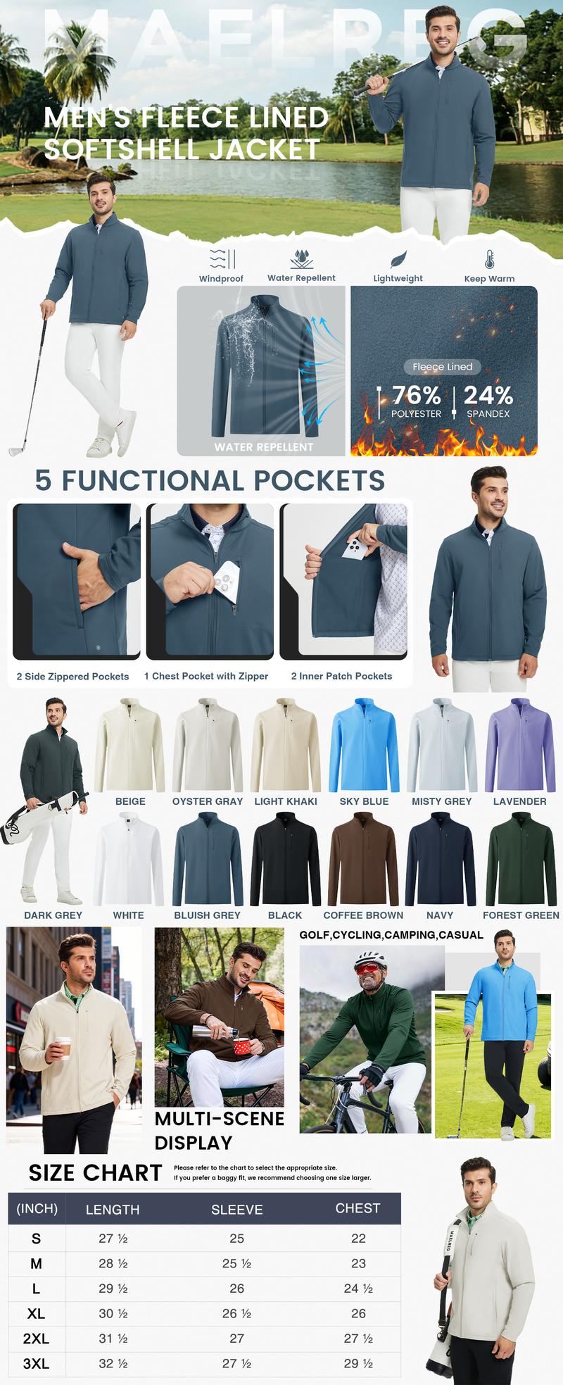 MAELREG Mens Fleece Jacket Water Resistant Performance Stand Collar Full Zip Lightweight Casual Jacket with 5 Pockets