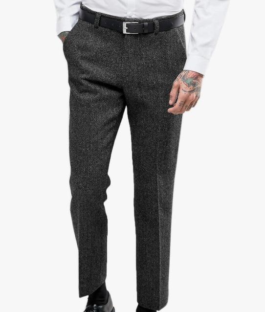 Men's Retro Dress Suit Pants Thick Wool Flat Front Herringbone Tweed Trousers