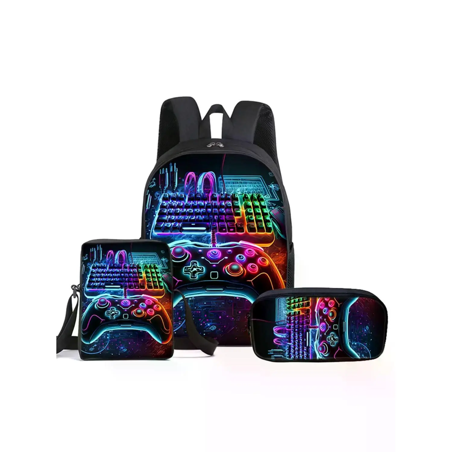 16-Inch Game Controller Pattern Gamer Backpack Set - 3-Piece Collection (Single-Layer Backpack, Small Shoulder Bag, Pencil Case)
