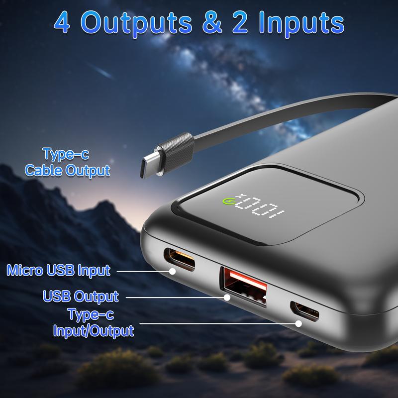 Slim 10000mAh Power Bank with Built-in Cables, 22.5W Fast Charging, Travel-Friendly Portable Charger for iPhone, Samsung, Android & More Smartphone Chargeable