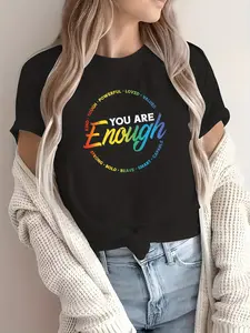 Rainbow Pattern Women's Casual Short Sleeve T-Shirt - "You Are Enough" Inspirational Design, Cotton Breathable Round Neck, Geometric Pattern Elastic Comfortable, Suitable for All Seasons