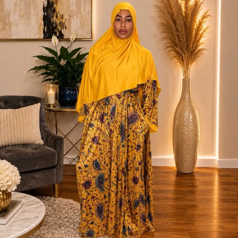 Women's Luxury Paisley Abaya 4-Piece Set - Raha Collection, Including Khimar, Half Niqab, and Belt