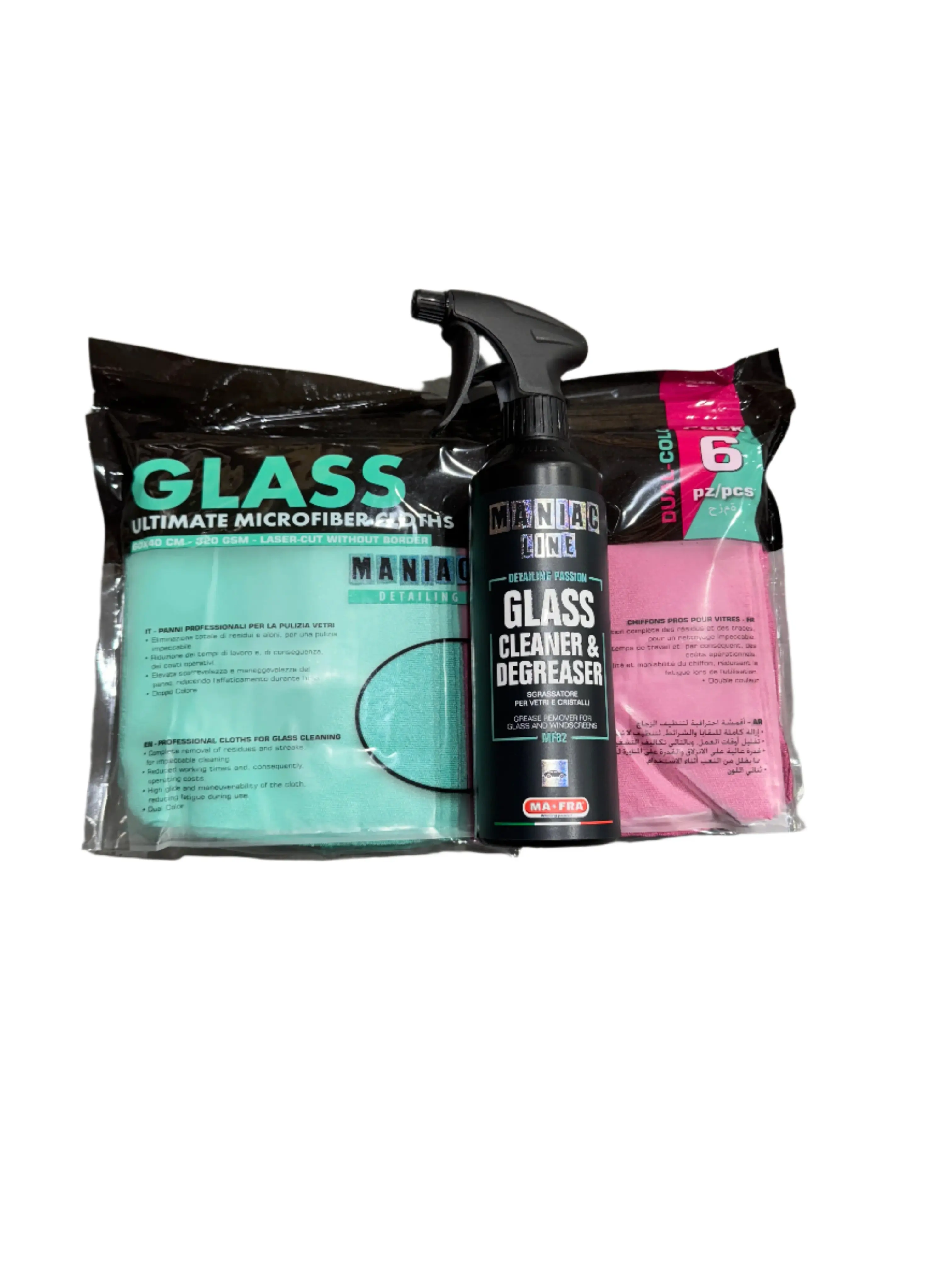 MANIAC Glass Cleaning Bundle, 6-Packs Liquid Glass Cleaner & Degreaser with Fast-Acting Formula for Automotive Use, Home Mirrors, Surface Cleaner, Car Owners