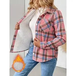 Women's Plaid Print Fleece Lined Button Front Shirt Jacket, Casual Long Sleeve Pocket Design, Daily Wear Women's Clothing Can be used with raincoat