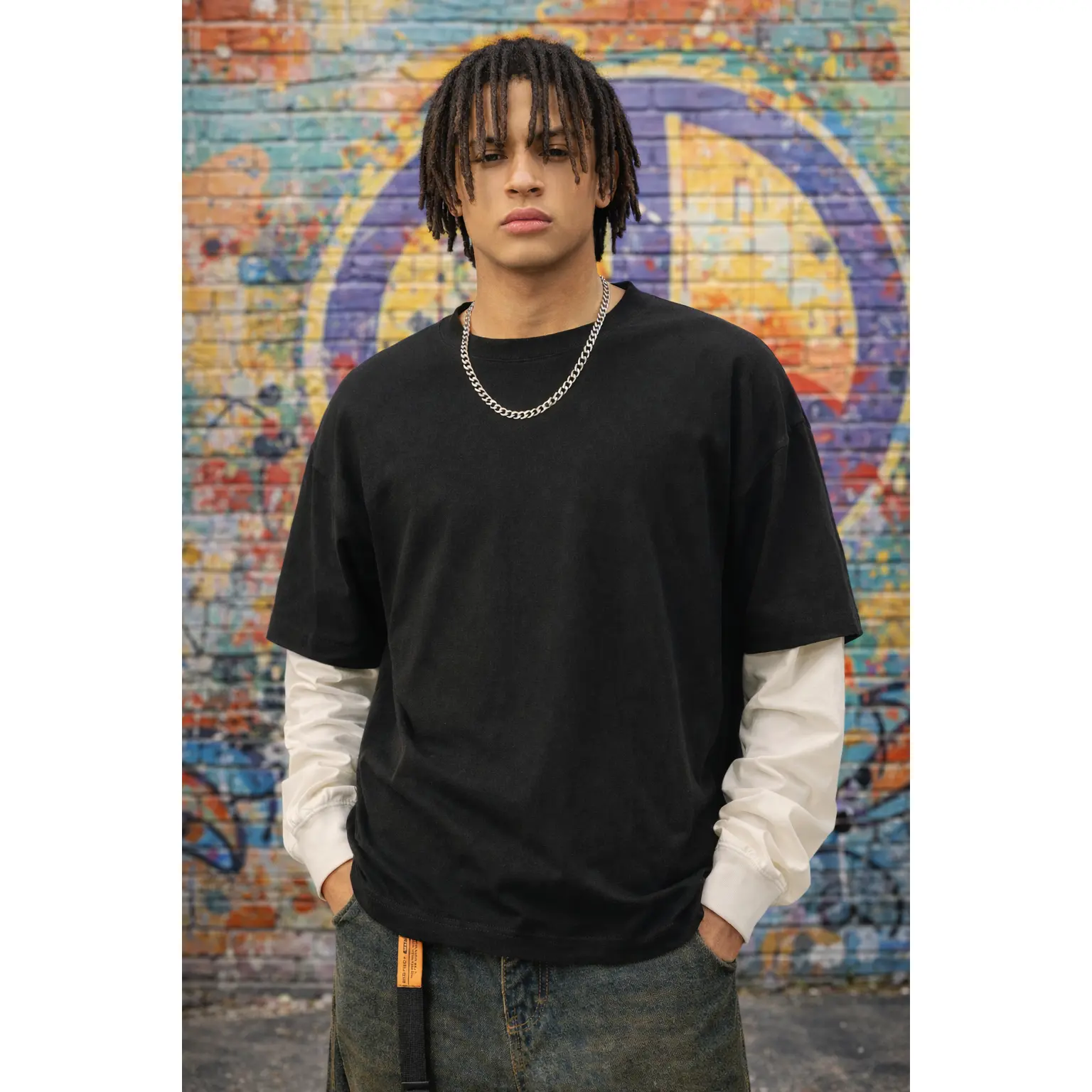 Men's Heavyweight Tee, Classic Streetwear Garment with Layered Sleeves, Oversized Fit, Round Neck and Back Paint Splatter Print, Relaxed Fit, Breathable, Menswear, Clothes, Tops, Cotton, Graphic, Long, Tshirt, Breathable Fabric, Back Graphic, Paint Splash