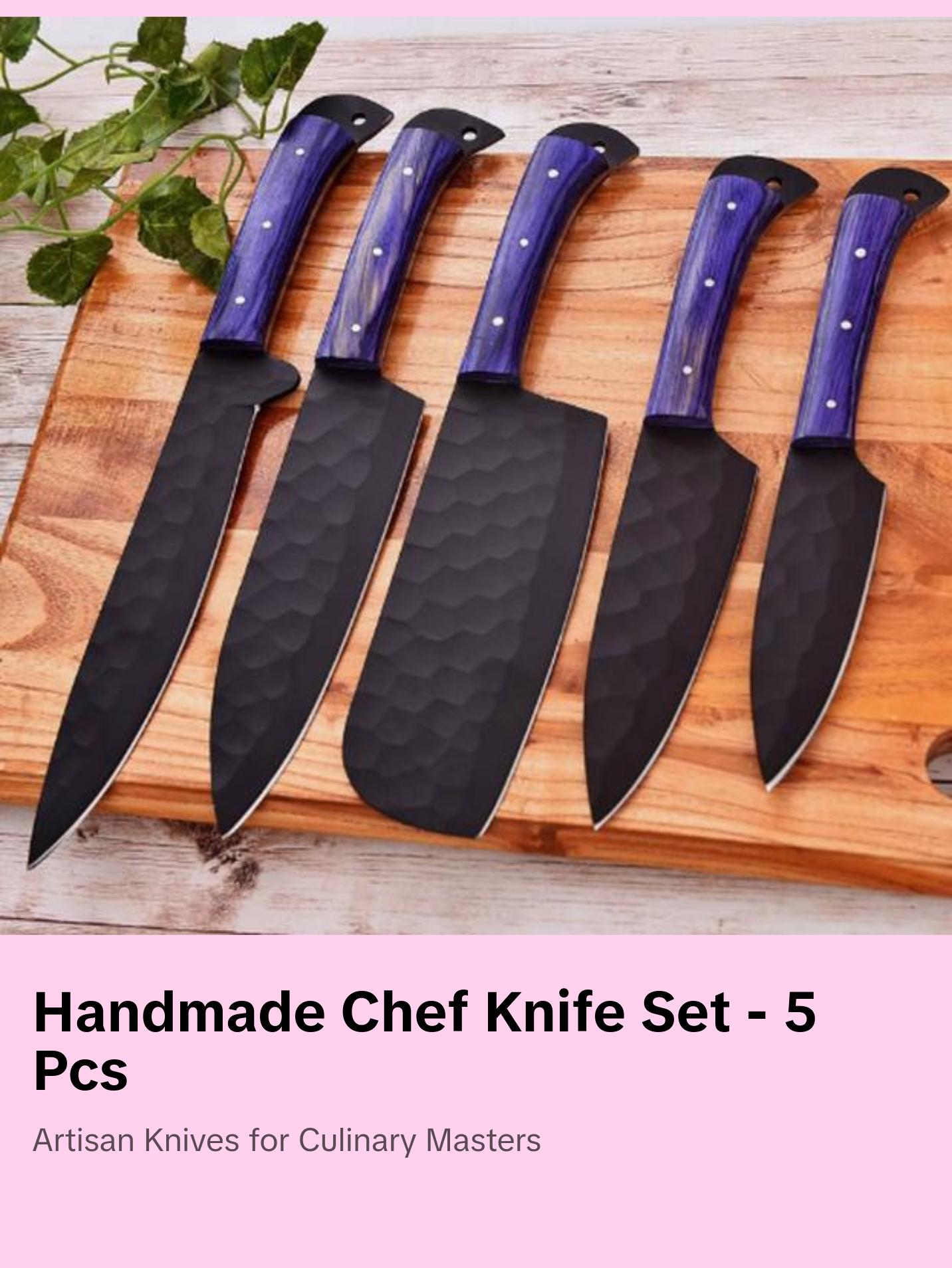 Handmade Chef knife Set, Kitchen Knives, Black Knives, Blue Knives, Meat Cleaver, Paring Knife, Bread Knife, Sharp Knife, Kitchen Knife Set, Carbon Steel. 2432 Steak Handles Blade Knife Block Block