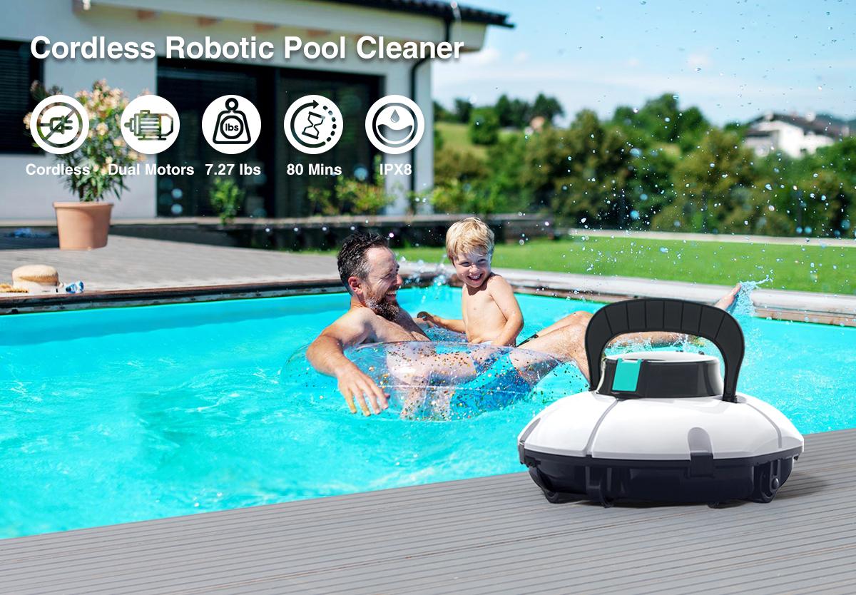 Cordless Robotic Pool Cleaner, Winny Pool Cleaner Automatic Pool Vacuum with Dual Filters, 80 Mins Runtime, Ideal for Flat Above Pools Up to 645 Sq.Ft