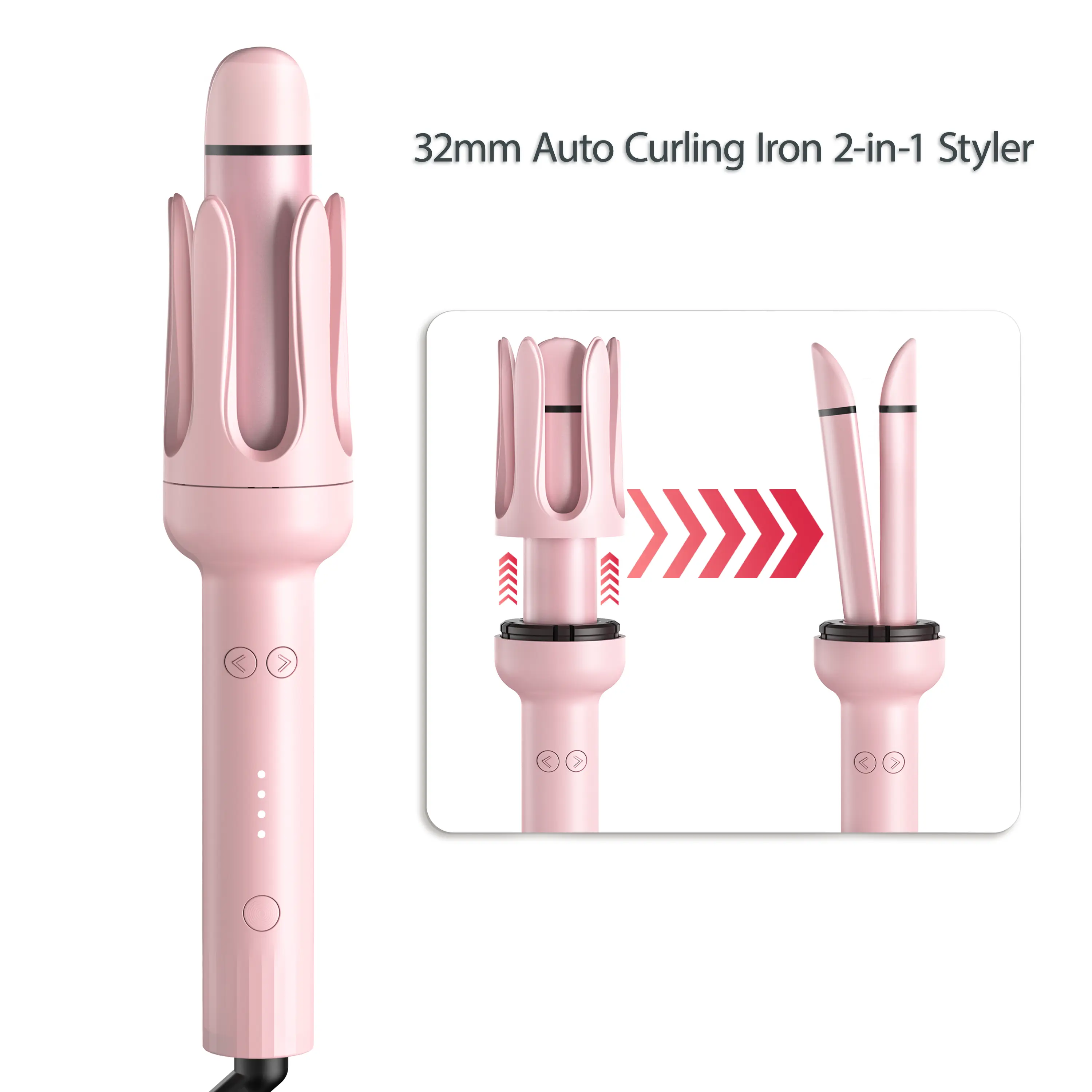 2-in-1 Automatic Hair Curler & Straightener, 32mm Ceramic Ionic Rotating Curling Iron with 4 Heat Settings, Anti-Frizz Styling Tool for Smooth Curls & Sleek Hair, Pink