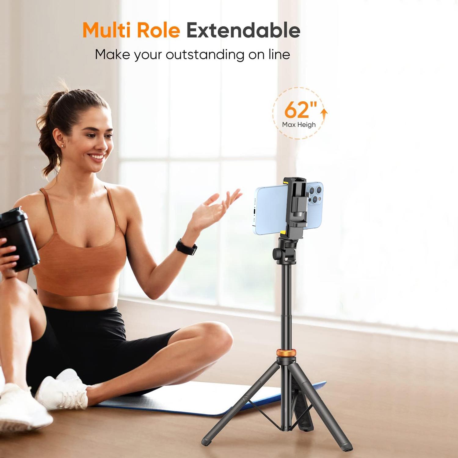 62" Phone Tripod: Your Go-To Stand for iPhone/Android, Complete with Selfie Stick Functionality and Remote Control. Reinforced Stability for iPhone 15/14/13, Perfect for On-the-Go Adventures