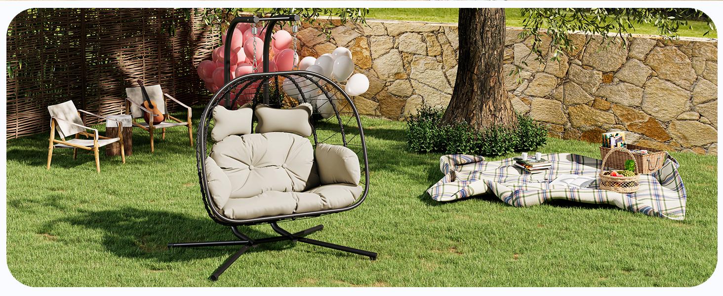 [Mother's Day gift] RIWENGO Double Hanging Egg Chair with Cushion, 700lbs Capacity - Foldable Patio Chair with Handwoven PE Wicker & Rust-Proof Frame, for Garden, Porch, Backyard Soft Lounge Swing Summervibes