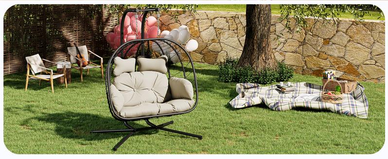 【Valentine's Day gift】Double Hanging Egg Chair with Cushion, 700lbs Capacity - Foldable Patio Chair with Handwoven PE Wicker & Rust-Proof Frame, for Garden, Porch, Backyard Soft Lounge Swing