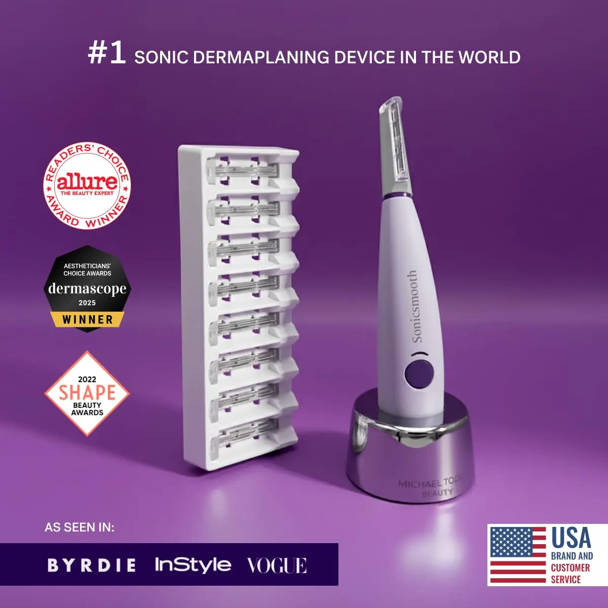 Sonicsmooth At-Home Sonic Dermaplaning System by Michael Todd Beauty | 2-in-1 Peach Fuzz Removal & Sonic Exfoliation for Smoother, Softer, More Radiant Skin | 8 Weeks of Dermaplaning Blades | Dermatologist Approved, Safe for Sensitive Skin, 3 Speeds