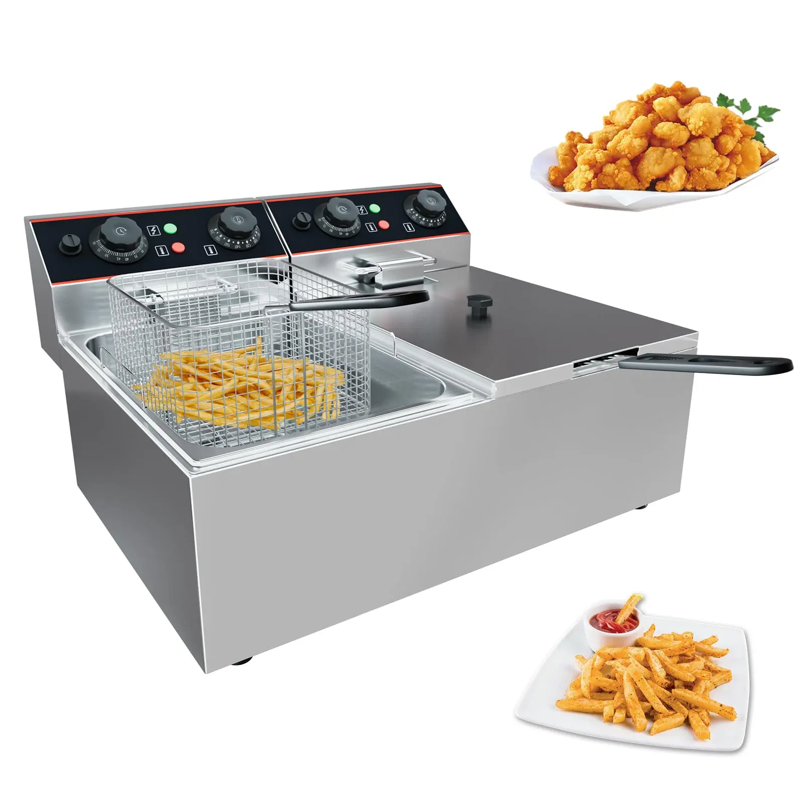 Garvee Commercial Deep Fryer with Basket, 23 QT Stainless Steel Electric Countertop Fryer with Double Tanks and Temperature Control for Restaurant and Home Use, 1500 W+1500 W