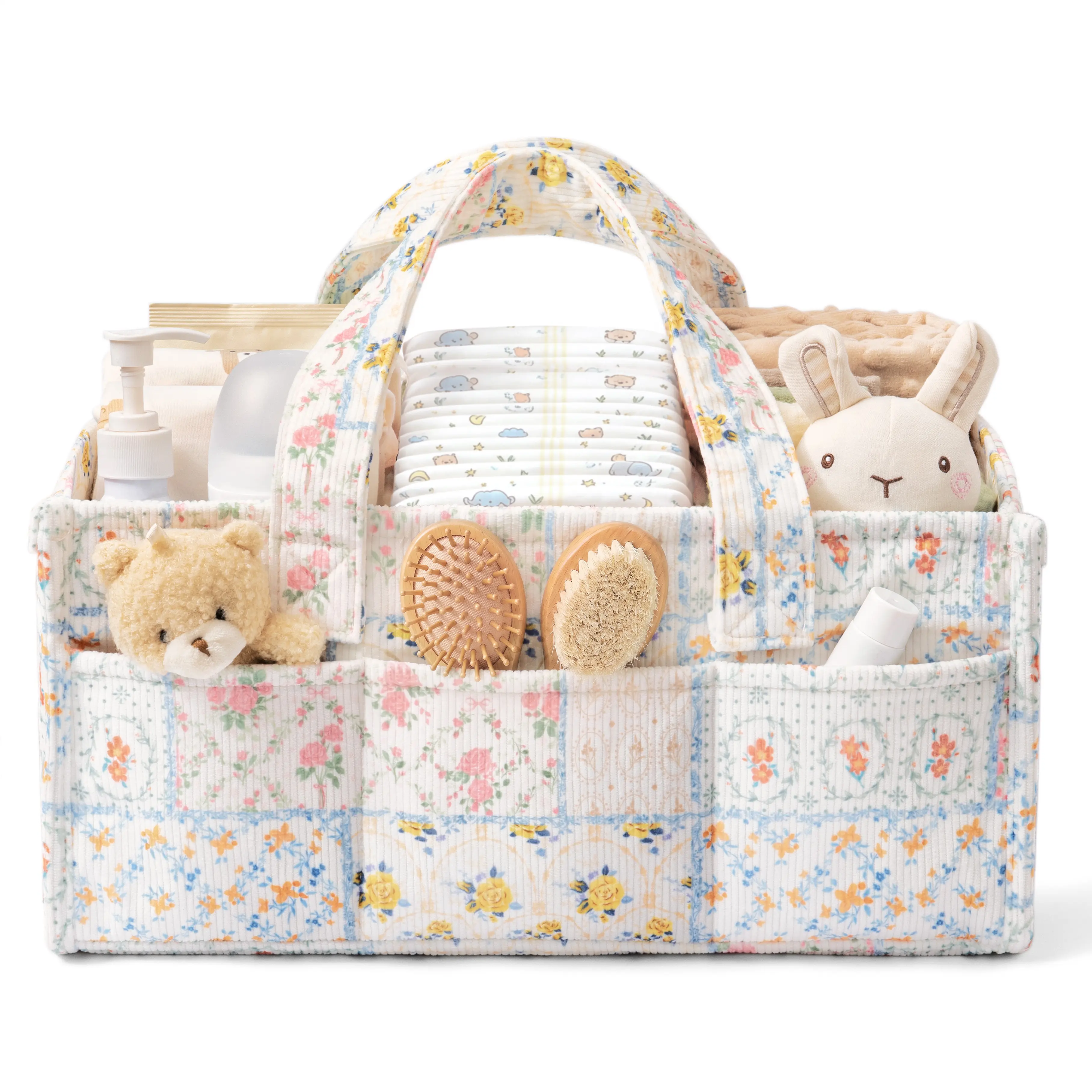 FLOE Diaper Caddy Organizer with Handle Carry, Portable Baby Travel Storage Basket Bin with Wipe Holder, Botanical Print