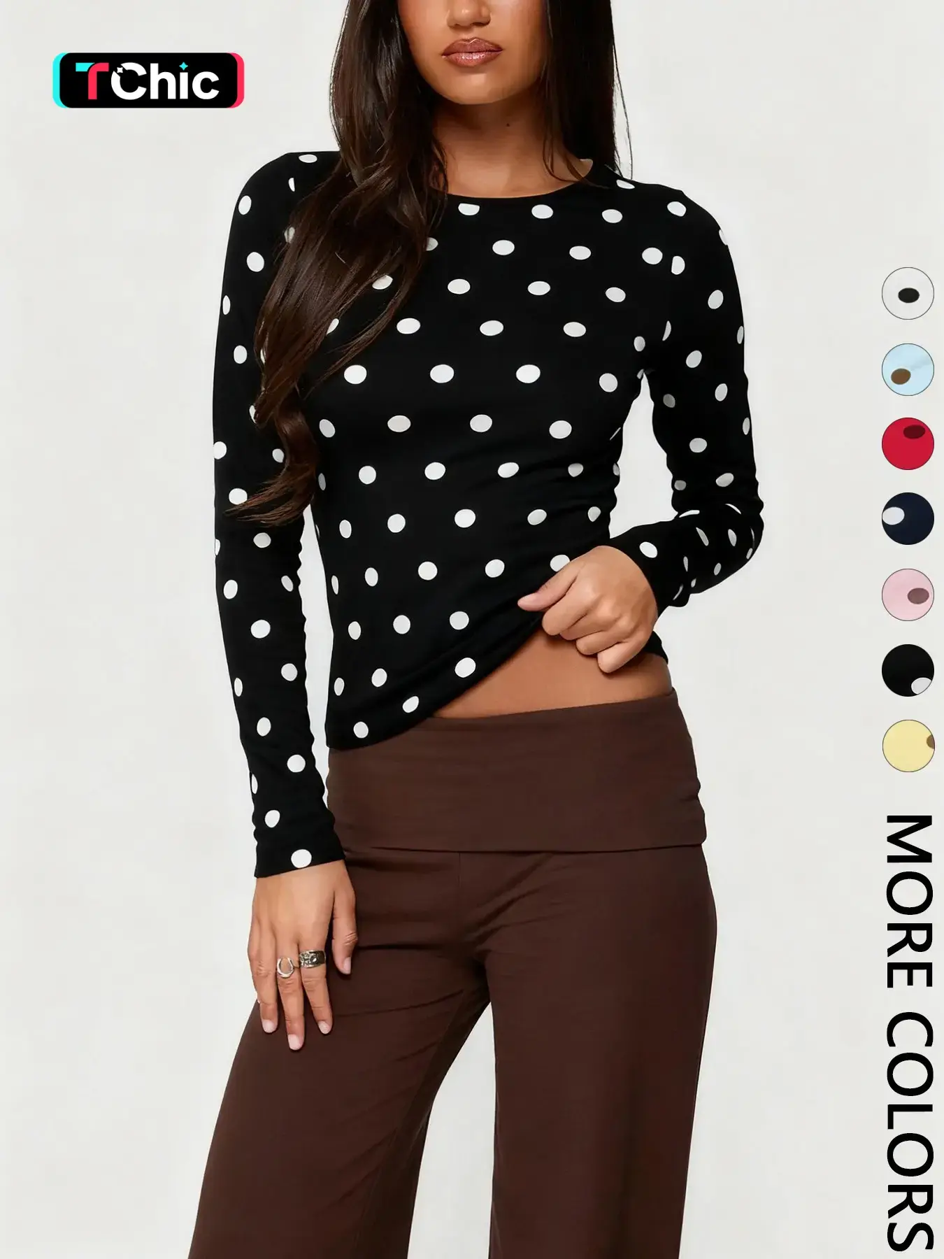 Women's Polka Dot Print Long Sleeve Slim Fit Short Top, Vintage Bodycon, Perfect for Dates and Shopping, Stylish Chic Casual Wear, Bodycon Fitted Top