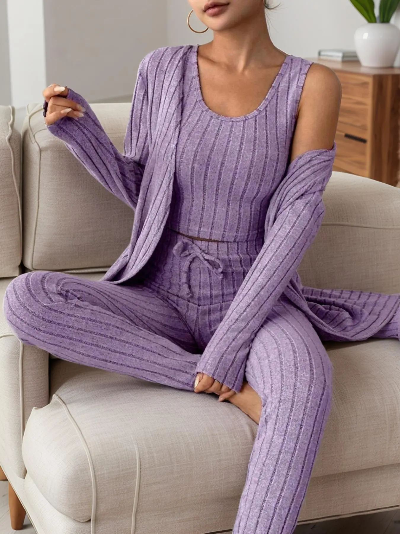 Women's Solid Ribbed Tank Top & Pants & Open Front Long Sleeve Outwear, Casual Comfy Pyjama Set, Women's Sleepwear & Loungewear for Spring & Fall
