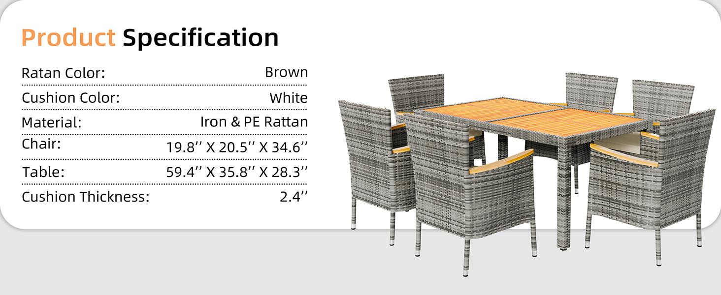 【NEW】Walsunny 7 Pieces Outdoor Patio Dining Set, Wicker Patio Furniture Set with Wood Table and 6 Chairs with Soft Cushions Grey Outdoorfun