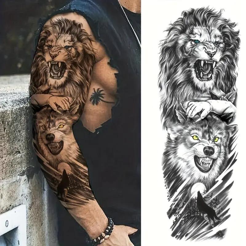 8 Sheets Full Arm Temporary Tattoo Stickers, Lion Tiger Wolf Skull Rose Watch Goddess Ship Pirate Compass Design, Waterproof Realistic Body Art, Sticker Tattoos