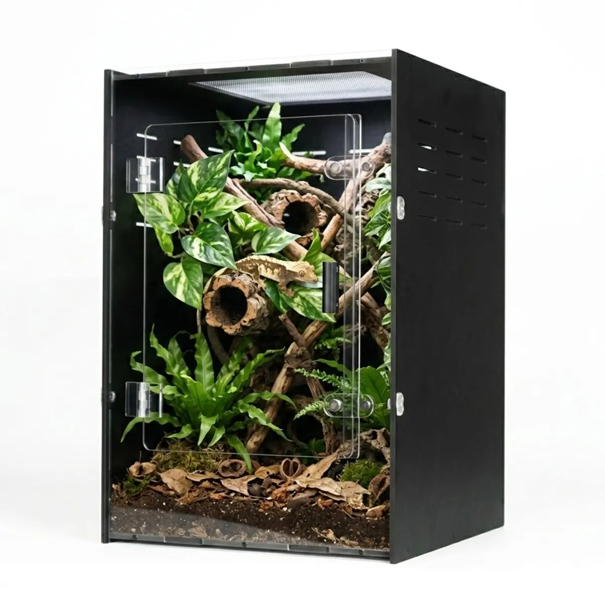 MonsterBox Enclosure's 12"12"18"PVC Reptile Enclosure for Nocturnal Geckos High-Quality Black Material Light-Shielding Heat Retention Easy Installation Breathable Mesh Top Design