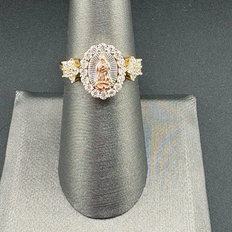 Gold 14k Ring Size 7.25 Virgin Mary Design for Everyday Wear Featuring Detailed Engraving and Sparkling Diamonds
