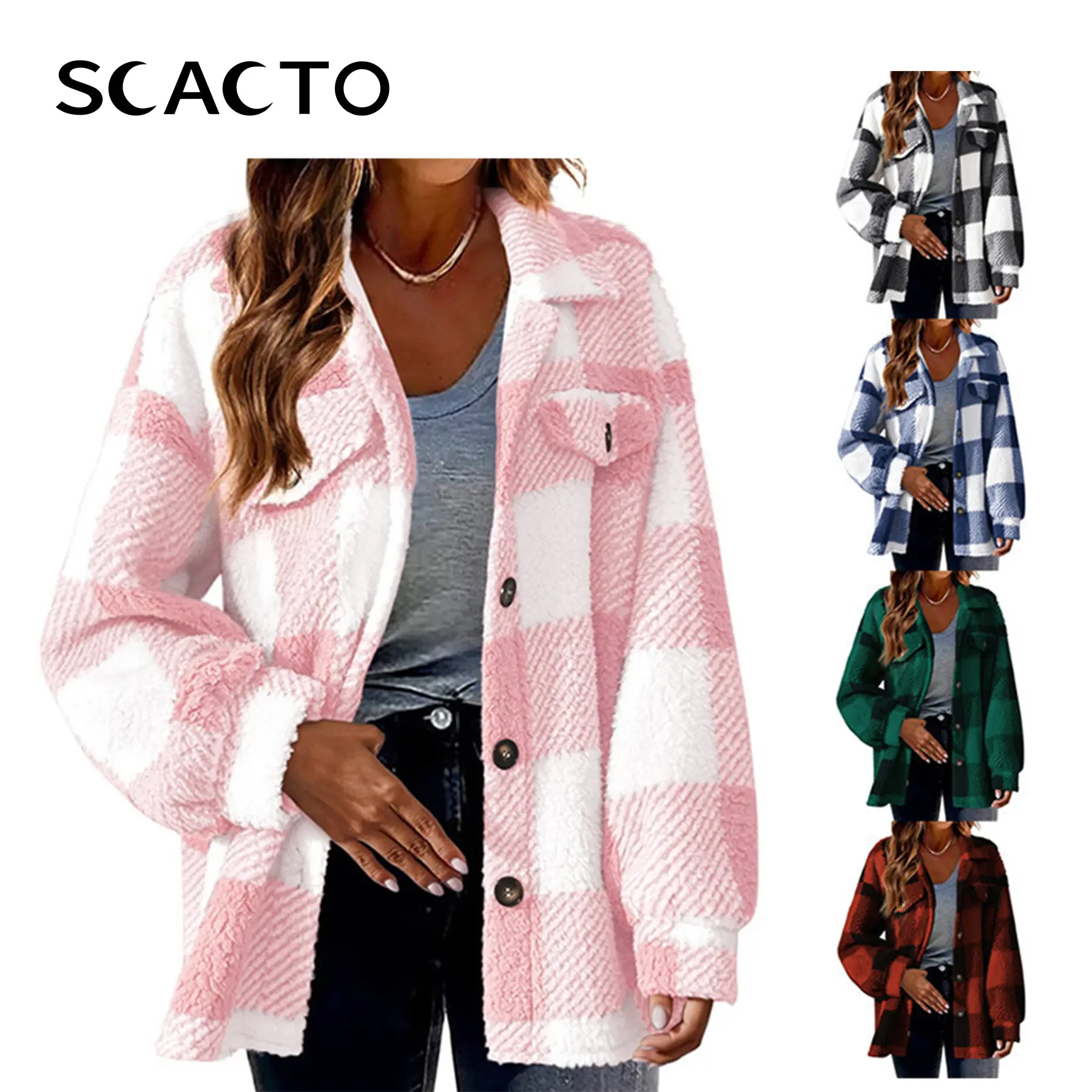 Scacto Women's Baggy Plaid Fleece Jacket - Warm & Cozy Button-Front Thick Shacket, Comfortable Relaxed Fit Chic Fashion Outerwear for Women