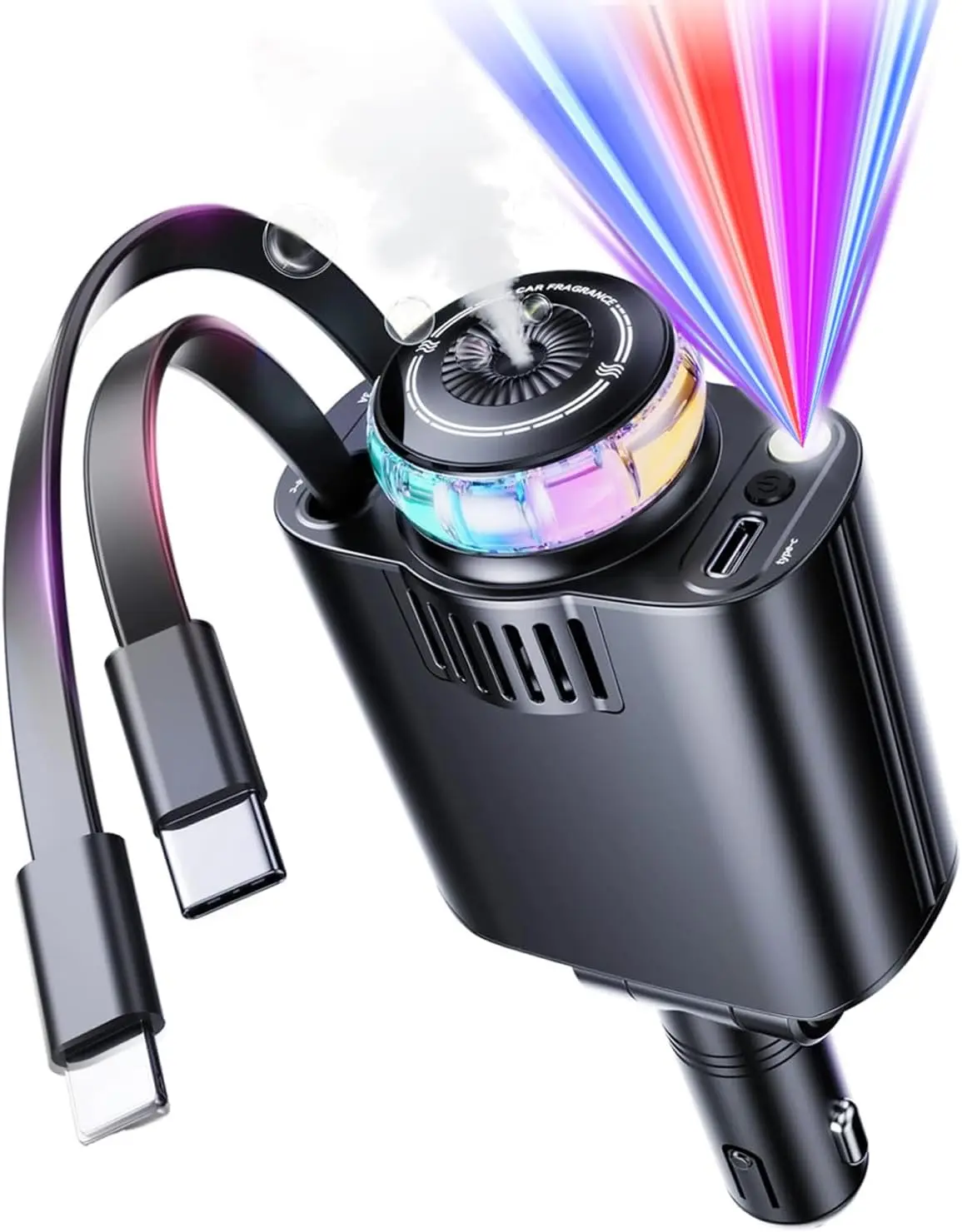 Retractable Car Charger with Starlight and Aromatherapy, 5 in 1 USB C Car Charger Adapter Fast Charging Car Phone Charger Essential Oil Diffuser Car Charger for iPhone 16 15 14 13 12 11 and Android,back to school,back to school haul