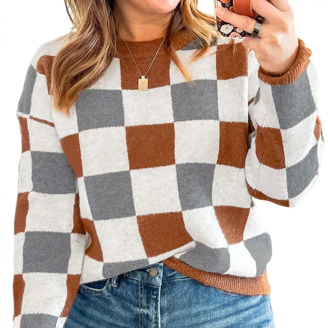 Hotapei Women's Classic Plaid Knit Sweater - Crew Neck, Long Sleeve, Drop Shoulder, Loose-Fitting Color Block Pullover for Plus Size Fall Winter Daily Wear, Cold Wash Safe