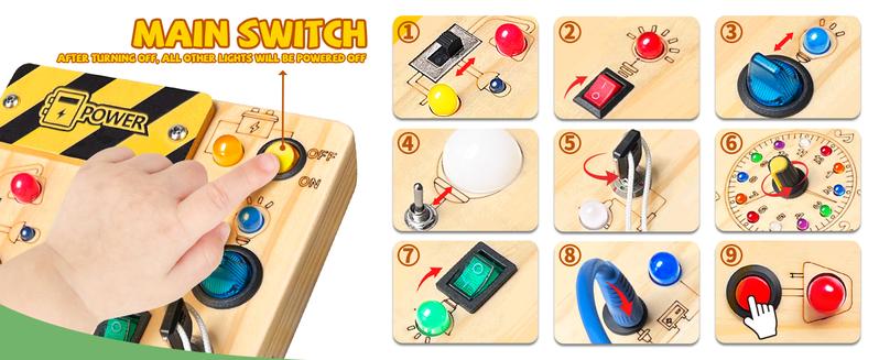 Hoarosall Busy Board Plus V2 Montessori Toys for 1-3 Years Old Wooden Toddler Toys with 10 LED Lights & Master Switch Ideal Travel Toy for Infants Learning Materials Multi Activity Playset