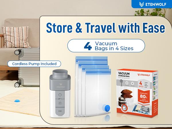 ETENWOLF 4 Pack Vacuum Storage Bags with Rechargeable Wireless Pump for Clothes Travel Space Saver Bags in Jumbo Large Medium Small Sizes Perfect for Luggage and Suitcases Turbo ETENWOLF 4 Pack Vacuum Storage Bags with Rechargeable Wireless Pump for Clothes Travel Space Saver Bags in Jumbo Large Medium Small Sizes Perfect for Luggage and Suitcases Turbo