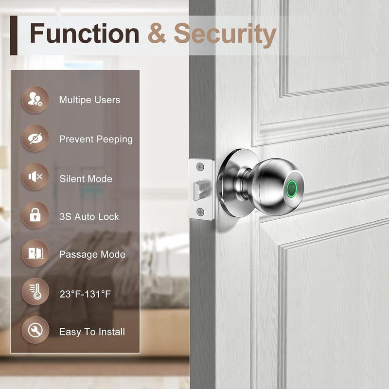 Valentine's Day Gift EuerTE Smart Lock Fingerprint Door Knob with App Control Key Type-C Port Emergency Charging Biometric Lock for Front Door Home Apartment Office FathersDayGift
