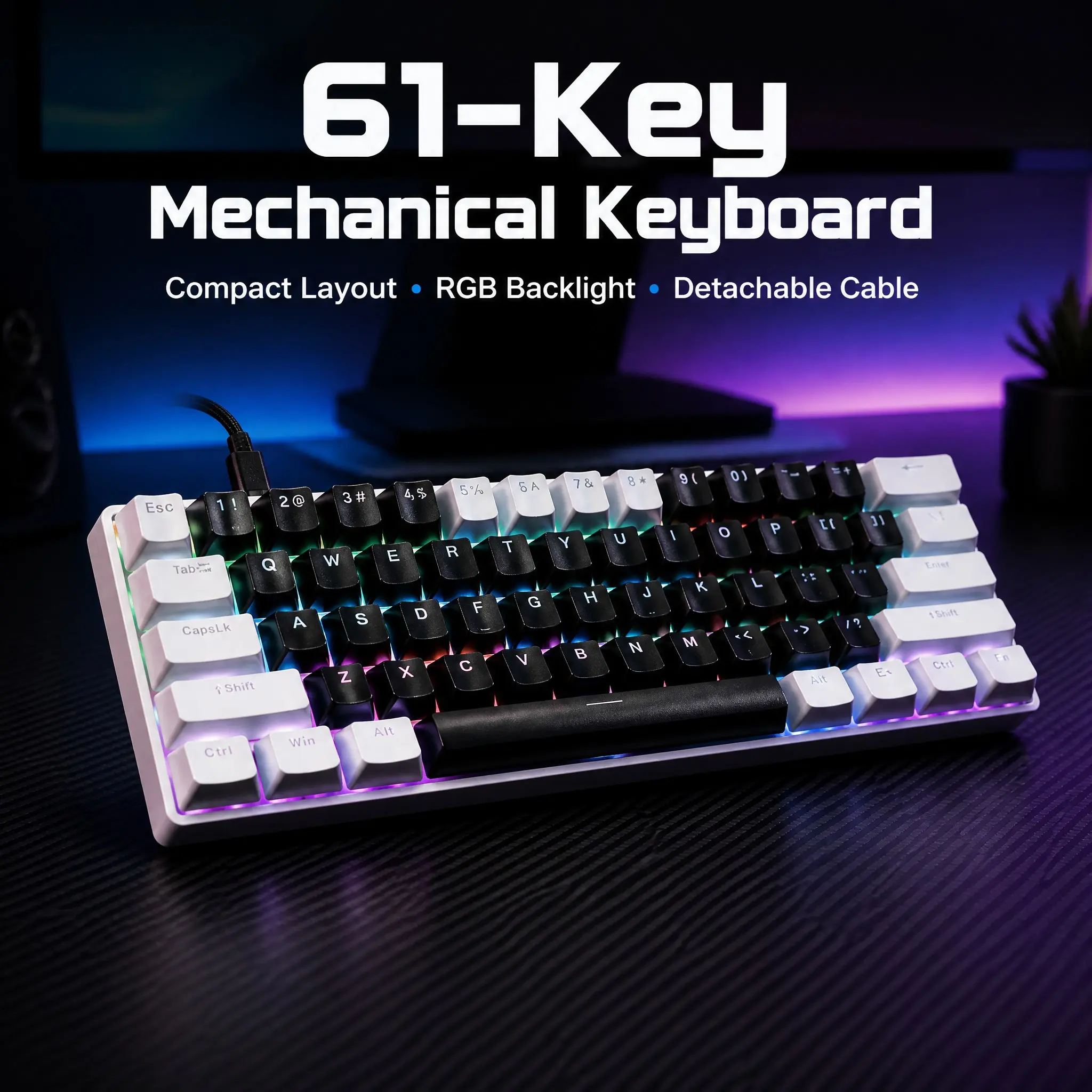 61-Key Wired Mechanical Gaming Keyboard, 60% Compact RGB Backlit Keyboard, Hot-Swappable USB-C Keyboard for PC, Laptop & Mac