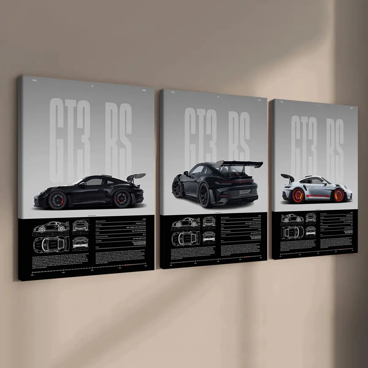 3 Counts Wooden Framed Canvas, Porsche GT3 RS Series Poster, Exquisite Fashion Poster, Modern Art, Abstract Design, Modern Minimalist Design Wall Art for Living Room, Waterproof Artwork, Ideal Gift for Family
