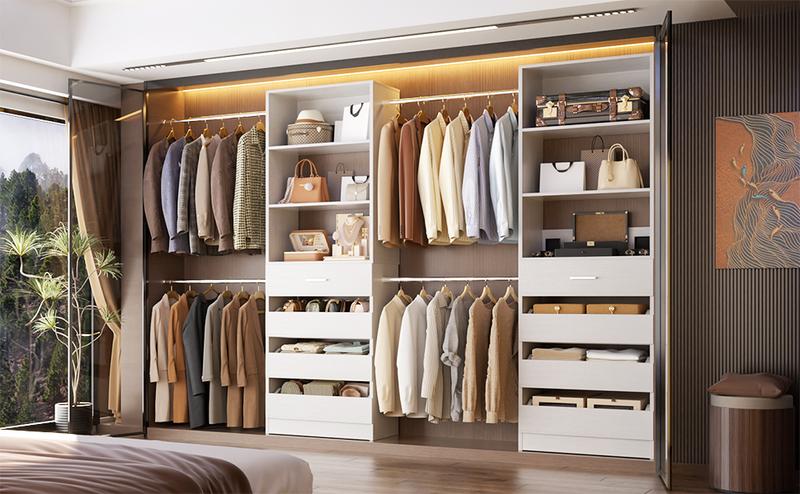 75''-115'' W Adjustable Closet System with 4 Wooden Drawers and 4 Hanging Rods, Modern Sturdy 4-9FT Walk-in Closet Organizer with Strorage Shelve