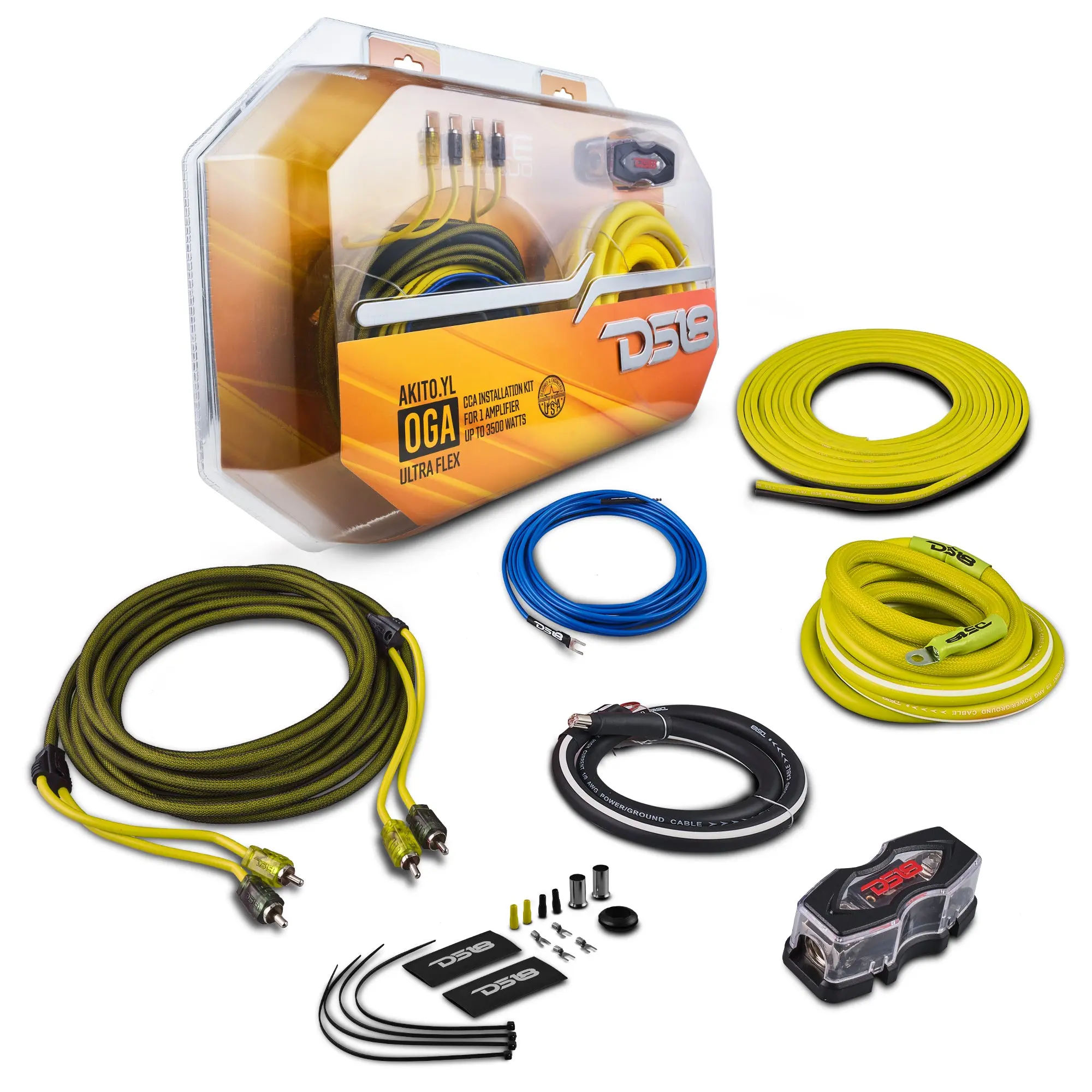 DS18 Vehicle Amplifier Installation Wiring Kit - 1 Kit, 0-GA Gauge Yellow, 3ft 0-ga Ground, 17ft 22-Gauge Blue Wire, 250A Fuse Ready for Car Audio Systems
