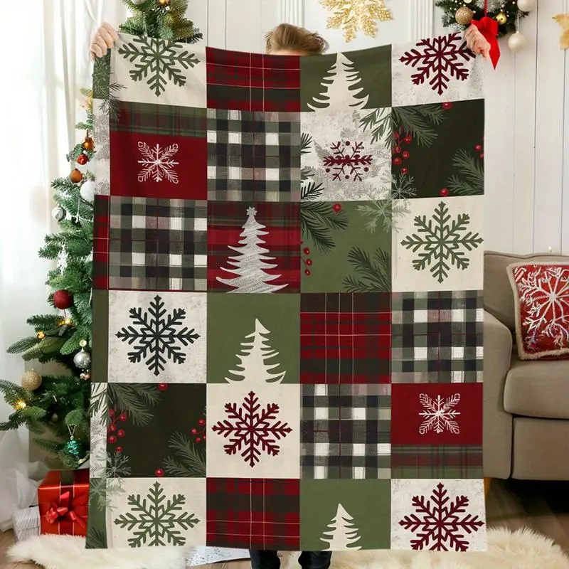 Vintage Red Checkered Plaid Snowflake Print Christmas Flannel Blanket - Soft Warm Flannel Fabric, 30-39 in, Cozy for Home, Portable Travel Use, Ideal Holiday Gift for Charm Enthusiasts