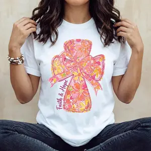 Vibrant Cross and Bow Design Cotton Casual Short Sleeve Round Neck T Shirt with He Is Risen Graphic Summer Wear Durable and Machine Washable Made in USA