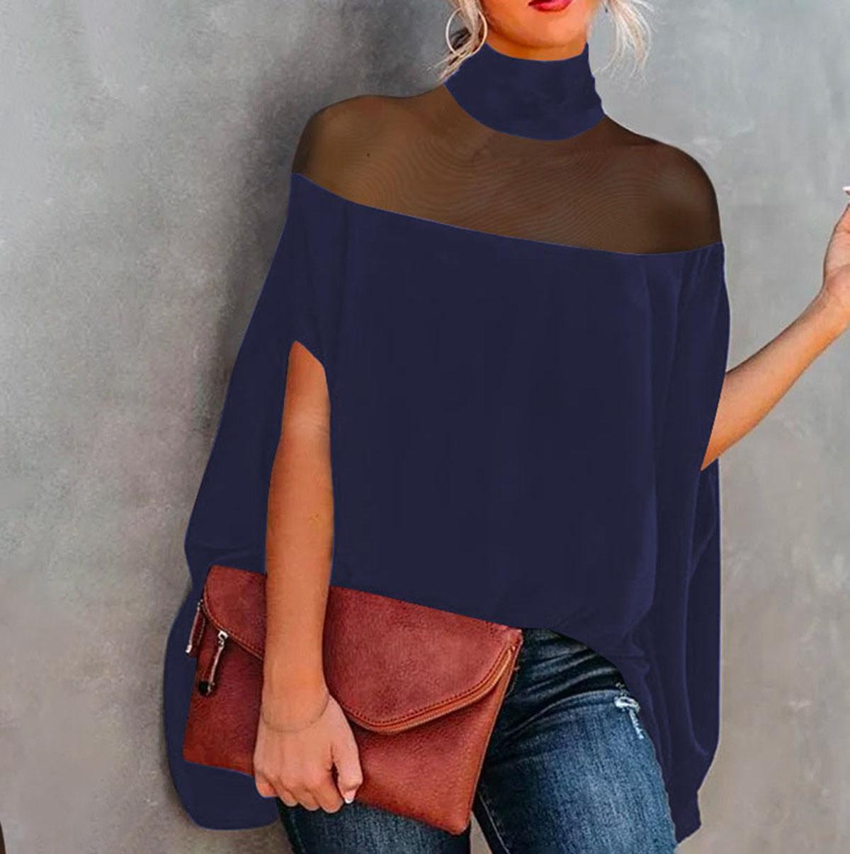 Women's Batwing Sleeves See-Through High-Neck Blouse – Minimalist, Casual Comfort for Everyday Wear casual long sleeve knit top The size is too big, it is recommended to order a smaller size