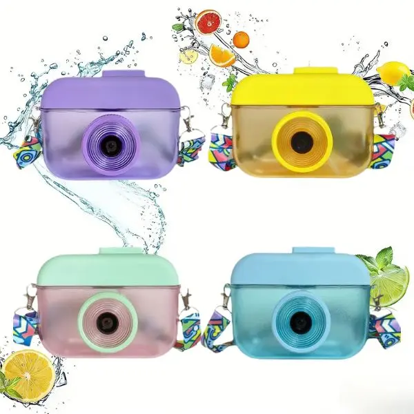 Cute straw water bottle with creative camera shape, adjustable plastic water bottle, suitable for travel, school, sports, children