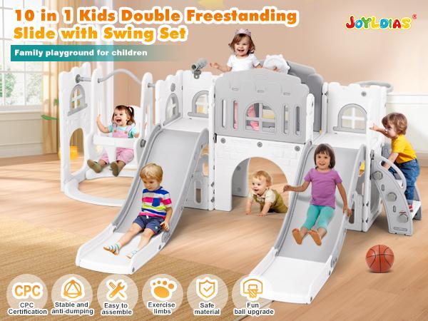 10 in 1 Toddler Slide Double Kid Climber Playset w Swing Basketball Hoop Telescope Tunnel Storage Space Non Slip Steps Indoor Outdoor Backyard Playground Toy for Toddlers