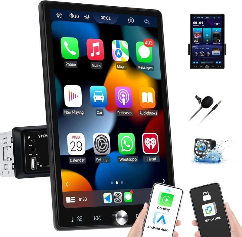 10.4 inch Single Din Car Stereo with Wireless Carplay Android Auto, 1080P IPS Detachable Touch Screen,5.2 Bluetooth, 12LED Backup Camera,FM Radio,USB/AUX,Mirror Link,SWC