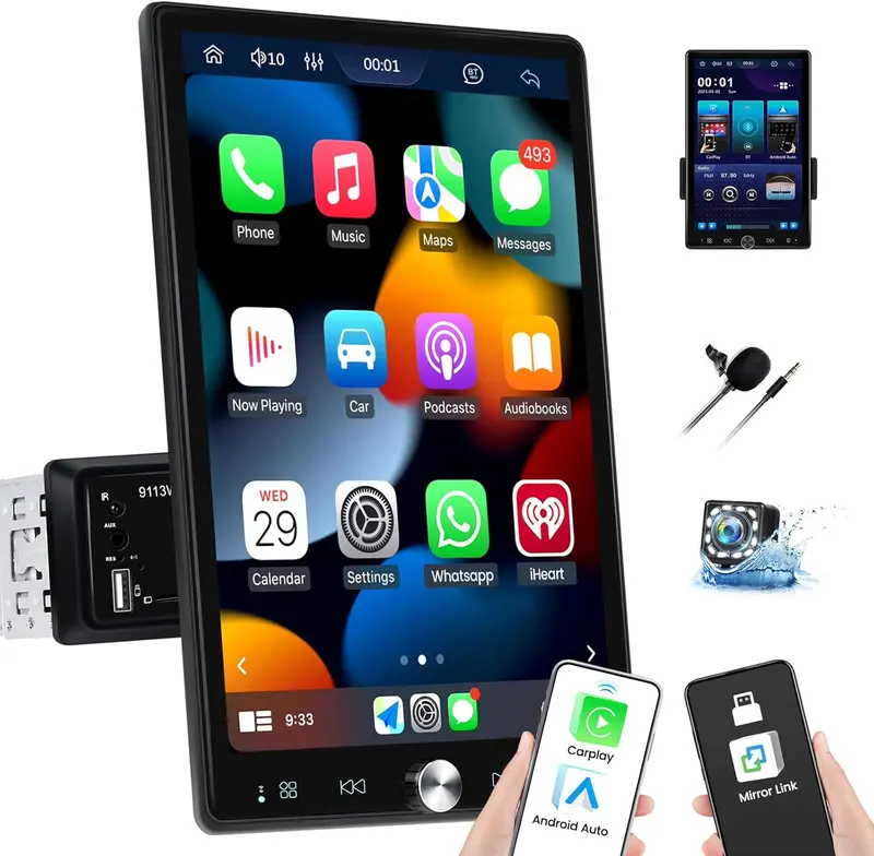 10.4 inch Single Din Car Stereo with Wireless Carplay Android Auto, 1080P IPS Detachable Touch Screen,5.2 Bluetooth, 12LED Backup Camera,FM Radio,USB/AUX,Mirror Link,SWC