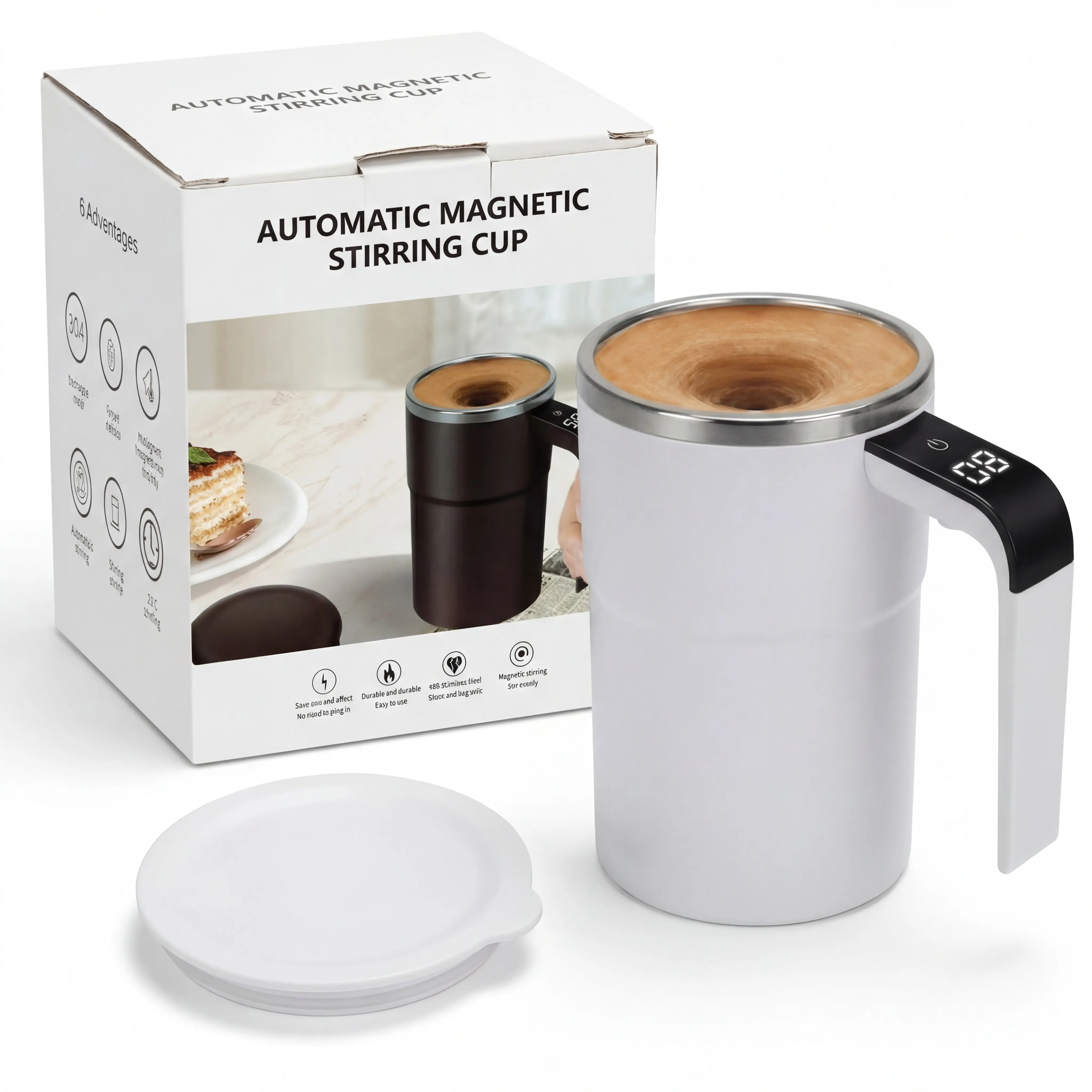 Reusable Washable Stainless Steel Magnetic Stirrer Coffee Thermal Cup, 20s Automatic Magnetic Stirrer Tumbler Mug with LCD Temp Display, USB-C Rechargeable Lid, Compact Drinkware for Office, Gift for Fitness Enthusiasts